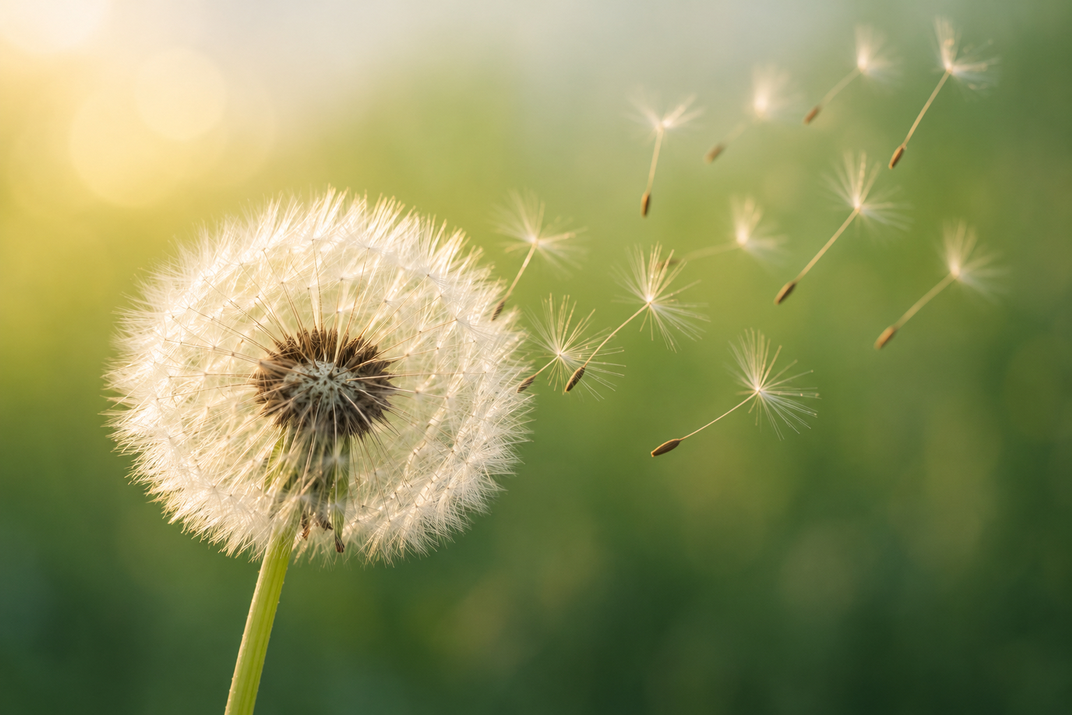 Dandelion seeds blowing in the wind
