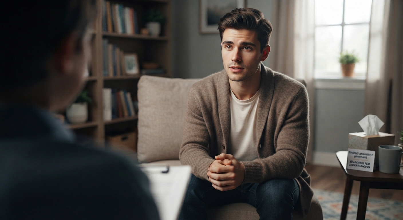 A scene inside a psychologist's office, showing a young man sitting comfortably in an armchair, looking attentive and engaged as he talks to a practitioner who is seen from behind with a clipboard.