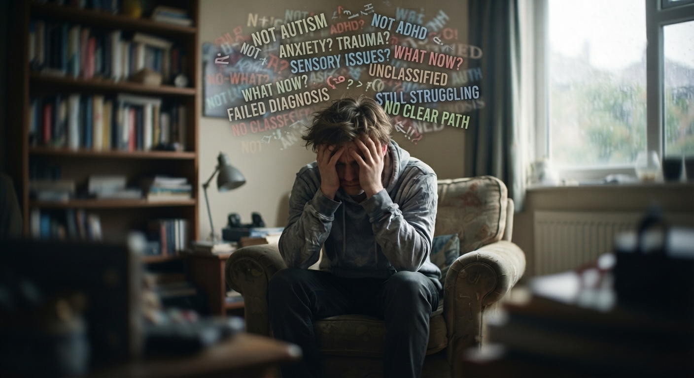 A person sitting in an armchair with their head in their hands, looking distressed or overwhelmed.